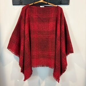J Jill Red Plaid Fringe Cozy Pullover Boucle Poncho Size S-L